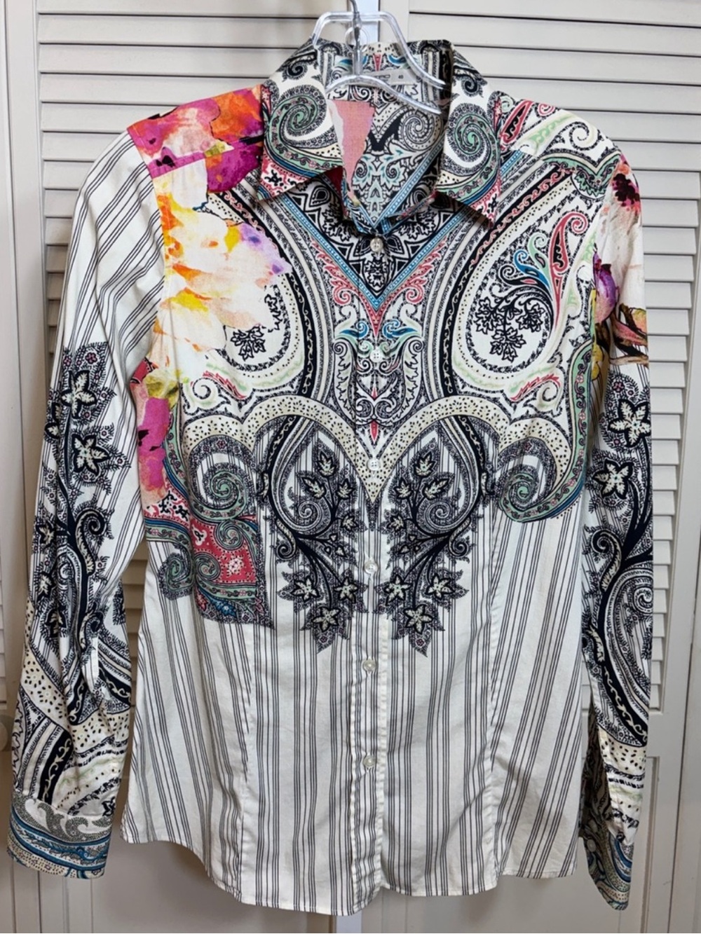 Etro White Striped Paisley Shirt with Pink, Teal & Yellow Accents